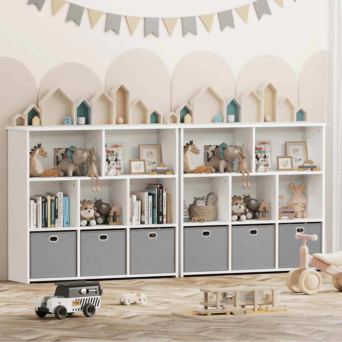 Kids Bookshelf, Caveen Kids Bookcase with 3 Movable Drawers, Wood Bookshelf Toy Storage Organizer for Kids Room, Gray