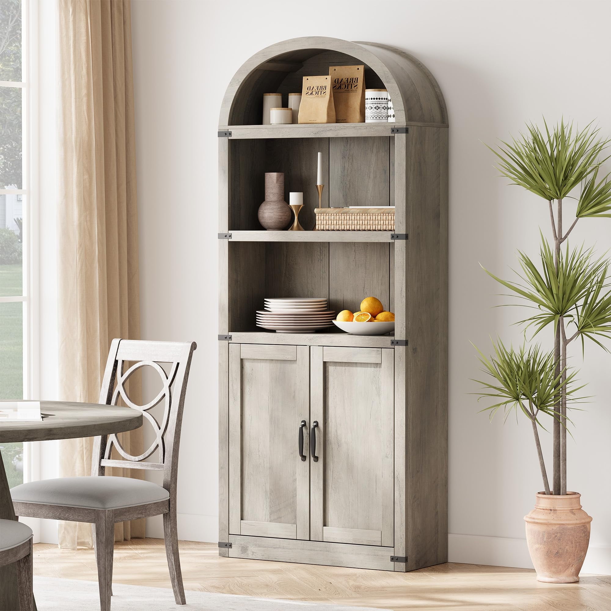 TROPOW Bookcase with Doors Arched Bookshelf 71.65in Tall Bookcase Farmhouse Cabinet with Shelves Wooden Bookshelves for Home Office, Living Room,Gray