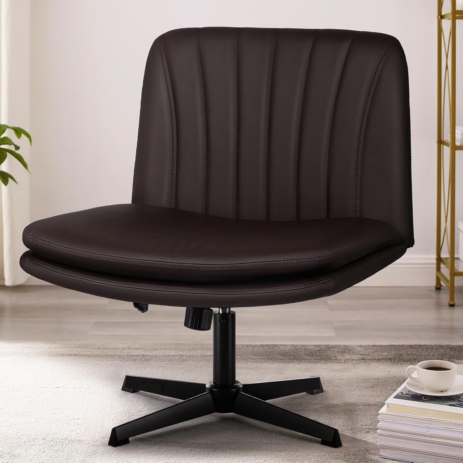 Waleaf Armless Office Desk Chair No Wheels,Fabric Padded Criss Cross Legged Office Chair,Swivel Vanity Chair